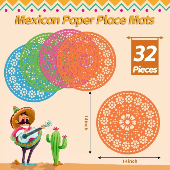 32 Pieces Fiesta Paper Place Mats 14" Mexican Papel Picado Cinco De Mayo Disposable Placemat Round Paper Doilies Cutouts for Mexican Party Supplies Tableware Decoration {2}