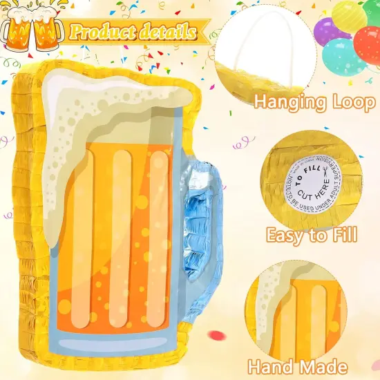Beer Pi&ntilde;ata with Stick and Blindfold Confetti Cheers to Beers Glass Mug Hanging Decoration Mexican Pi&ntilde;atas for Adult Birthday Bachelor Party Game Supplies (Lovely) {4}