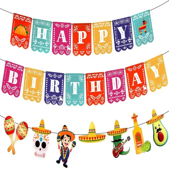 Fiesta Happy Birthday Banner - 15 feet, 3 String | Cinco De Mayo Theme, Mexican Fiesta Pinata Sombrero Garland for Mexican Birthday Party Decorations | Mexican Banner Fiesta Party Decorations {1}