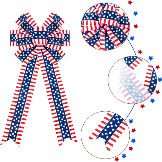 6 Pcs 4th of July Patriotic Wreath Bow Red White Blue Stripe Star Bow American Flag Bunting Bows Memorial Day Decoration for Indoor Outdoor Holiday Independence Day Decorations {3}