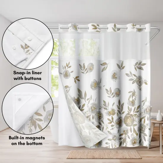 Americanflat 72x75 Hookless Shower Curtain - Floral Gold Grey Shower Curtain with Sheer Panel, Snap-In Liner, and Grommets - 100% Polyester {4}