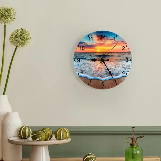 12-Inch Beach-Themed Blue Glass Wall Clock &ndash; Frameless Silent Battery Operated, Tempered Glass Design with Analog Display (1x AA Battery Required) {6}