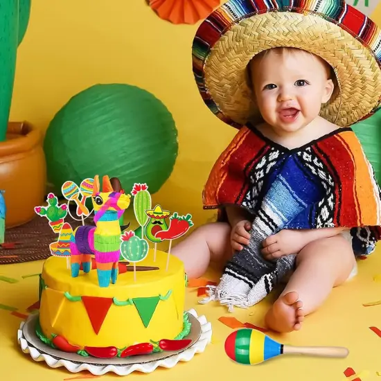 20 Pcs Fiesta Cupcake Toppers, Mexican Theme Cake Topper, Cactus Pinata Taco Guitar Party Cake Decorations with Wooden Sand Hammer and Foam Chili for Fiesta Party Decorations {5}
