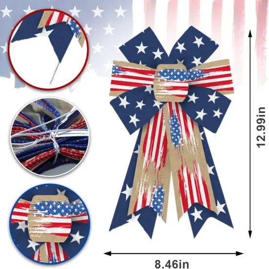 2pcs Patriotic Bows for Wreath, Memorial Day Wreath Bows 4th of July Burlap Bows for Front Door, Red White America Flag Blue Patriotic Star Tree Topper Bow for Indoor Outdoor Decoration {2}