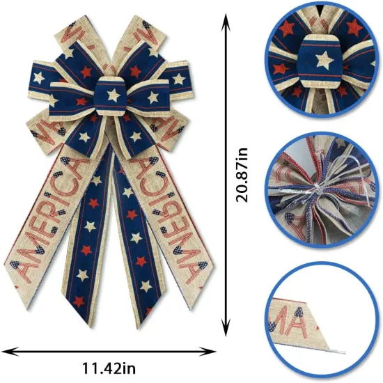 Threetols Large Patriotic Wreath Bows, Patriotic Star Bows for Wreath Memorial Day Burlap Stripes Bows for Front Door, Red Blue Linen American Flag Bows for 4th of July Indoor Outdoor Tree Decor {2}