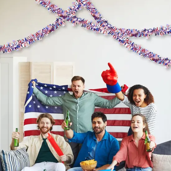 4 Strings Total 26.3 ft American Flag Tinsel Garlands - Each 6.6ft Red White Blue Fringe Garland with USA Flag Hanging Glitter Streamers for 4th of July, Independence Day, Patriotic Party Decorations {4}