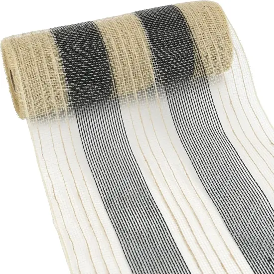 Jute Deco Mesh 10 Inch Jute Mesh Ribbon Natural and Black Wide Stripe Poly Mesh Ribbon {2}