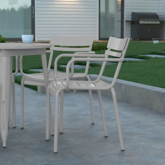 Emma and Oliver Rennes Powder Coated Steel Stacking Dining Chair with Arms and 2 Slat Back for Indoor-Outdoor Use Silver {6}