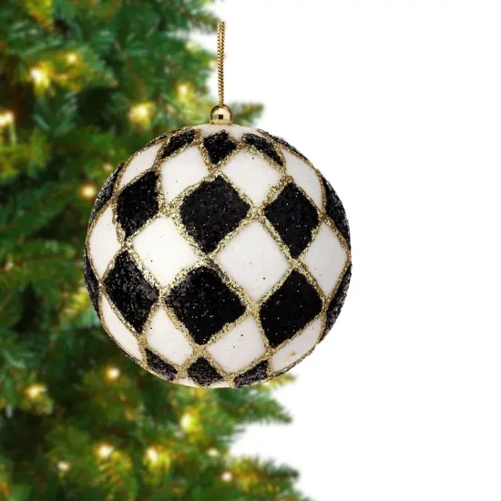 4" Harlequin Glitter Ball Ornaments: Black/Gold {2}