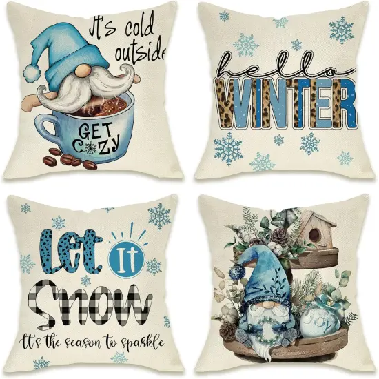 Hello Winter Blue Gnome Decorative Pillow Cover 20 x 20 Set of 4, It's Cold Outside Snowflakes Coffee Let It Snow Farmhouse Pillowcases, Christmas Buffalo Plaid Wooden Tiered Tray Decors {1}