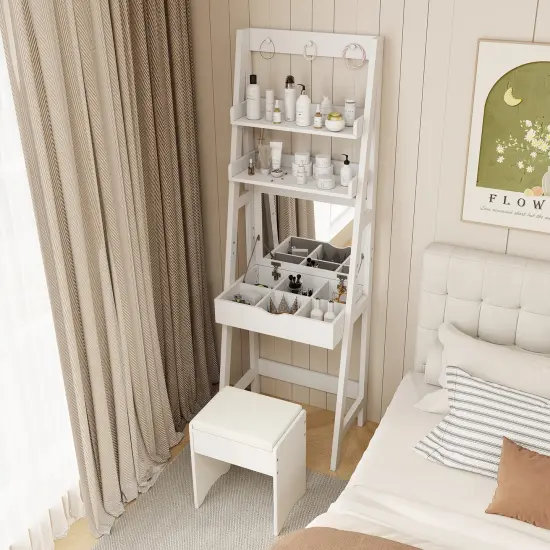 White Vanity Desk Set with Flip Top Mirror and Hidden Storage Compartments Cushioned Stool {3}