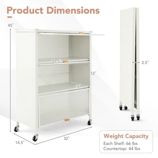 4-Tier White Metal Foldable Kitchen Bakers Rack with Flip Doors and 4 Universal Wheels {5}