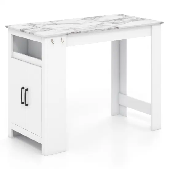 White MDF Bar Table with Faux Marble Top, Adjustable Shelf and Hooks {1}