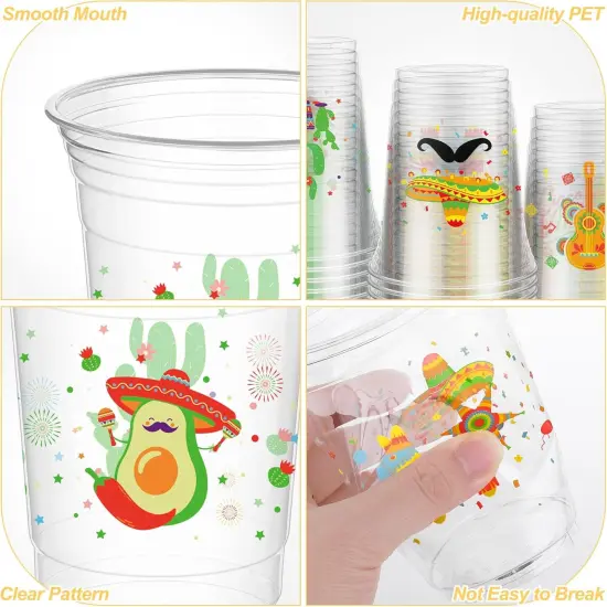 120 Pieces 16 oz Mexican Fiesta Plastic Cups Clear Disposable Cups with Double-sided Different Patterns Cinco De Mayo Drinkware Party Supplies Fiesta Taco Birthday Decorations, 4 Styles {4}