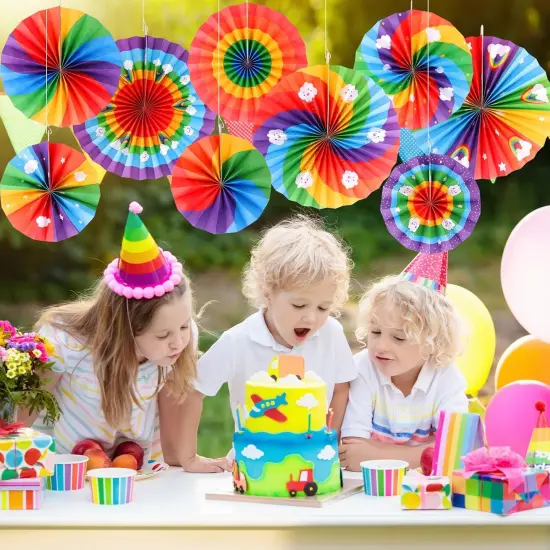 9 PCS Rainbow Hanging Decorations Paper Fans Rainbow Theme Classroom Decorations Paper Fans Colorful Rainbow Cloud Ceiling Wall Decor {5}