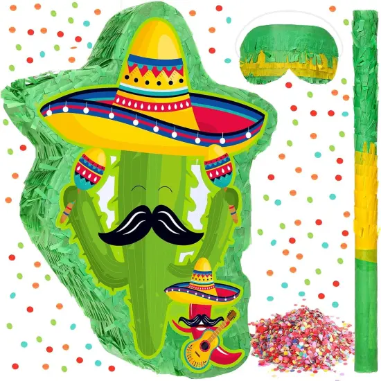 Mexico Cactus Pi&ntilde;ata 16x12x3 Inch Cactus Pi&ntilde;ata with Stick Blindfold and Confetti Pepper Pi&ntilde;ata with Mexico Hat Cinco De Mayo Fiesta Red Chili Pi&ntilde;ata for Party Game {1}