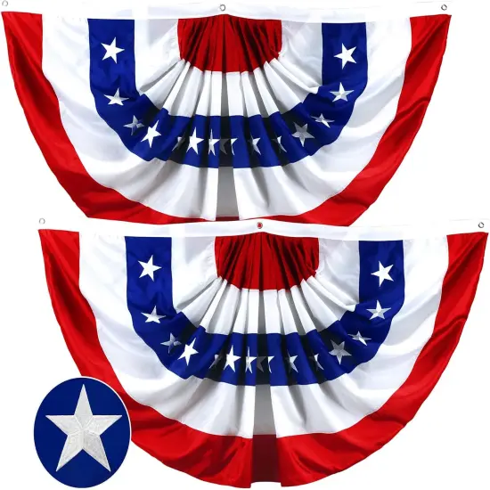 USA Pleated Fan Flag 1.5x3 Feet American USA Bunting Decoration Flags EMBROIDERED Patriotic Stars & Sewn Stripes Canvas Header and Brass Grommets {1}