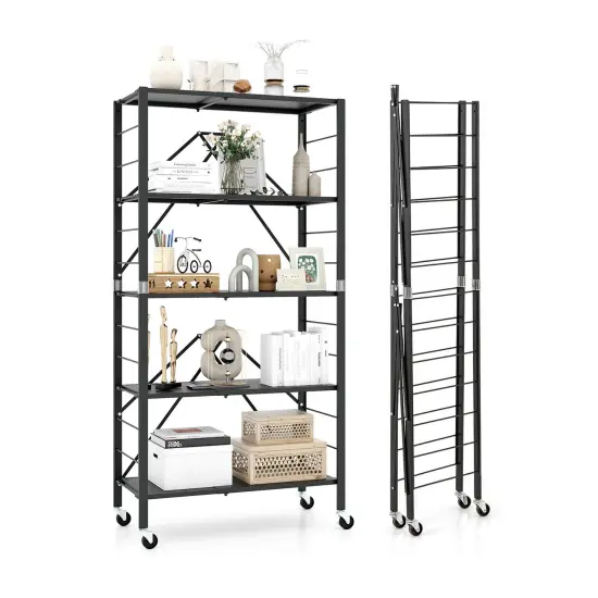 Black Metal Foldable Storage Shelf and Adjustable 5-Tier Shelves with Wheels {3}