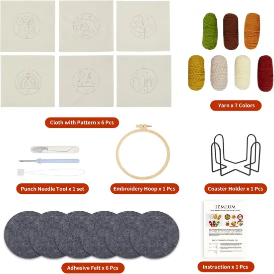 Punch Needle Coasters Kit, Punch Needle Embroidery Kit for Beginners and Adults Including Patterns, Tools, Yarns, Hoop, Instruction, Coaster Holder Coaster Art Craft Supplies (Plants) {2}