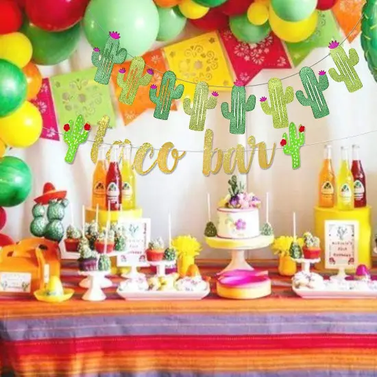 2 Set Fiesta Taco Bar Cactus Banner Garland, Gold Green Glittery Fiesta Banner for Mexican Fiesta Party Cinco De Mayo Decorations {3}