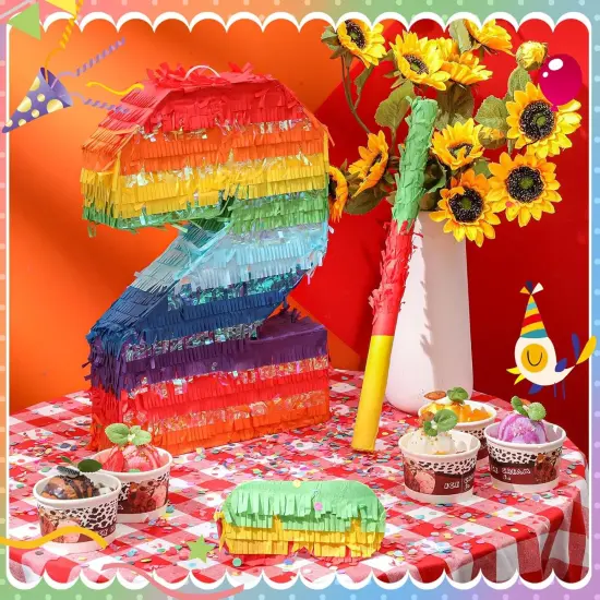 Rainbow Mexican Number 2 Pi&ntilde;ata for Kids with Blindfold Stick and Confetti Birthday Party Decoration Pi&ntilde;ata for Anniversary Cinco de Mayo Fiesta Party Decor(Number 2) {2}