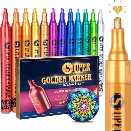 Super Golden Metallic Paint Markers, 12 Colors Sparkle Metallic Glitter Markers, Acrylic Paint Pens for Rock Painting, Glass, Wood, Fabric, Black Paper, Cards, Scrapbook, DIY Art Crafts (2-3mm) {1}