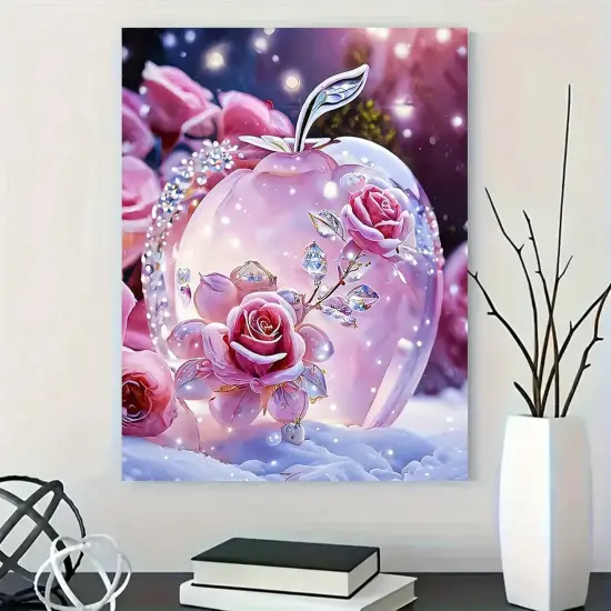 Diamond Art Painting Kits for Adults, Pink Rose 5D Diamond Painting Dots Art Kits for Adults Beginner, Crystal apple DIY Full Round Gem Crystal Art paint by Diamond, Home Wall Decor 12x 16 In {4}
