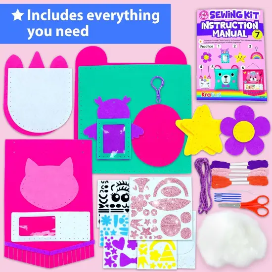 My First Sewing Kit for Beginner Kids Arts & Crafts, 7 Easy DIY Projects of Stuffed Animal Dolls and Plush Pillow Craft, Instructions & Felt, Gift for Girls, Boys, Learn to Sew, Embroidery {2}
