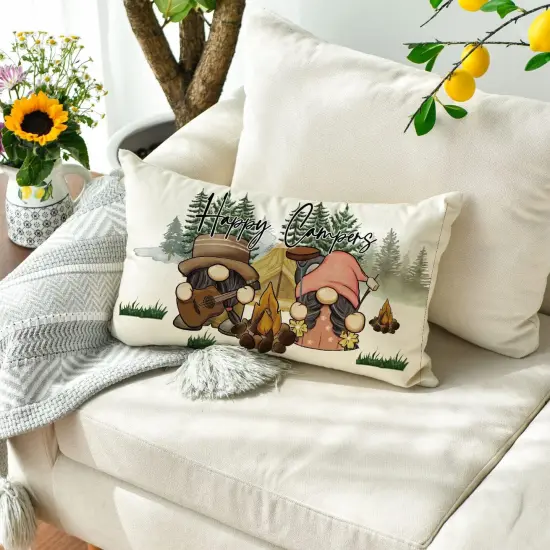 Happy Campers Throw Pillow Cover 12x20 Inch, Gnome Campfire Decoration for Home Sofa Couch {2}