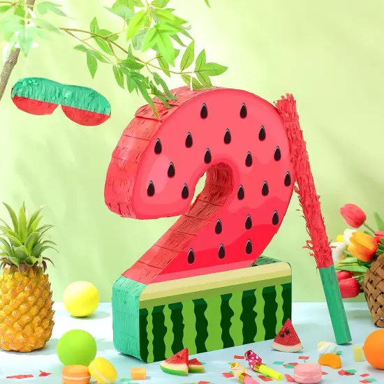 Watermelon Pi&ntilde;ata Fruit Number 2 Red Watermelon 2nd Birthday Pi&ntilde;ata with Bat Stick Blindfold Mask Confetti {2}