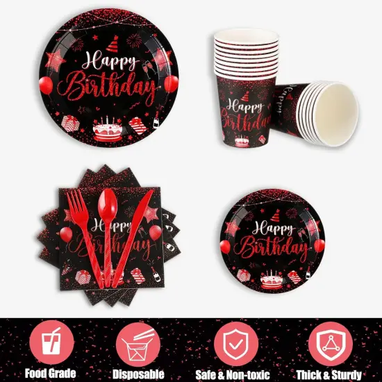 171 Pcs Happy Birthday Party Supplies 24 Set Disposable Party Tableware include Plates Cups Napkins Cutlery and Banner Tablecloth Birthday Dinner Decorations for Men Woman(Black, Red) {4}
