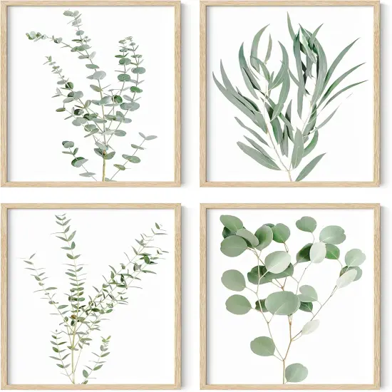 Summer Botanical Plant Wall Decor Prints - Set of 4, Floral Kitchen and Flower Leaves Wall Decor, Boho Leaf Eucalyptus Wall Decor, Green Botanical Posters (Beige Frame, 11x14) {1}