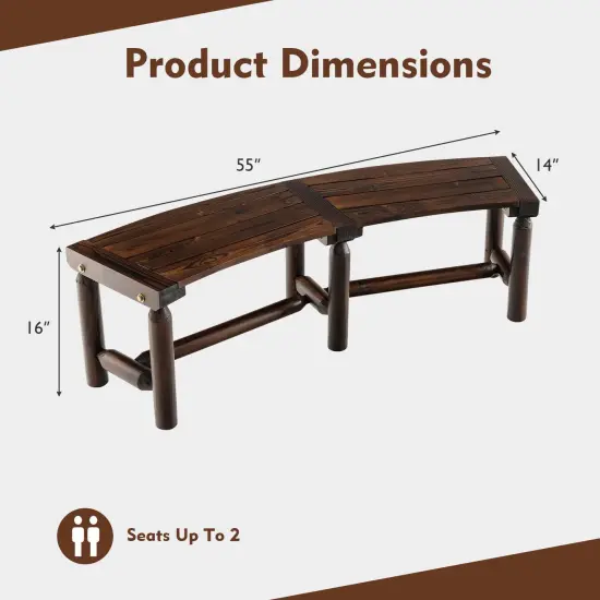 Rustic Brown Outdoor Patio Bench Carbonized Fir & Pine Wood Curved Design {5}