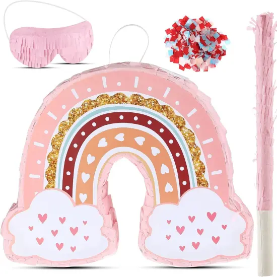 Rainbow Pi&ntilde;ata Pink Rainbow Birthday Party Pi&ntilde;ata with Bat Stick Blindfold Boho Theme Birthday Baby Shower Toys Games Party Supplies Decor {1}