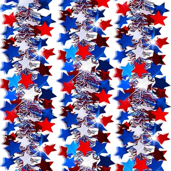 33 Ft Red White Blue Star Tinsel Garland for 4th of July Decorations {1}