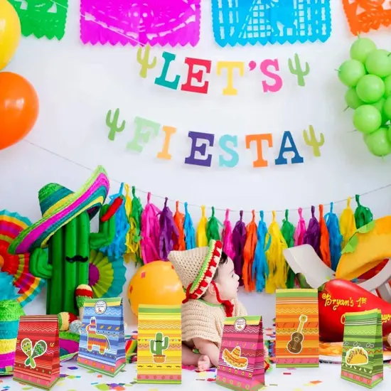 24 PCS Mexican Fiesta Party Favor Bags Paper Goodie Bags Cinco De Mayo Party Bags Taco Bar Decorations for Mexico Birthday Party Supplies Gift With Muchas Gracias Thank You Stickers {4}