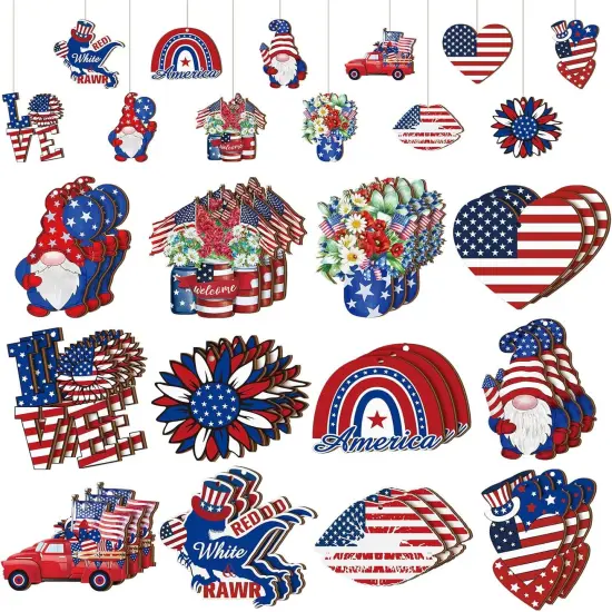 36 Pcs 4th of July Tree Ornaments Patriotic Wood Independence Day Gnome Ornaments Red White Blue Love Rainbow Party Hanging Decoration Artifact for Small Tree Party Supplies Holiday All Seasons {1}
