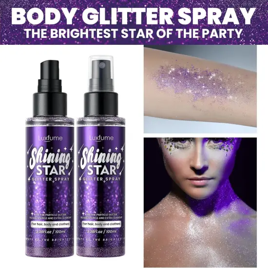 Body Glitter Spray，Glitter Hairspray，Purple Body Glitter Spray,Quick-Drying and Waterproof Glitter Hairspray,Nozzles are not Easily clogged，Long-Lasting Body Shiny Spray for Stage Makeup, 3.38Oz {2}
