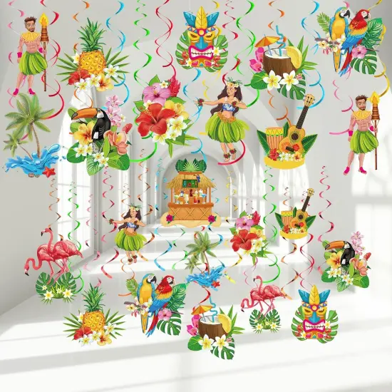 30 Pieces Hawaiian Luau Birthday Party Hanging Swirl Decorations, Flower Tropical Palm Flamingo Sign Foil Ceiling Decor {1}