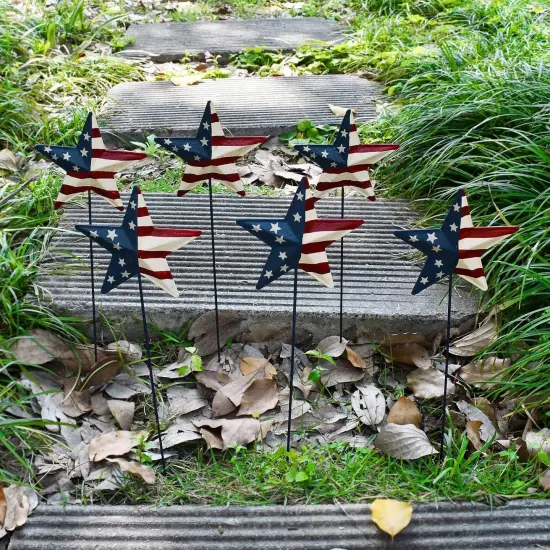 H Metal American Star Barn Yard Sign, Patriotic Metal US Flag Star Barn Garden Stake for Planter Pot Walkway Pathway 4th of July Decor {3}