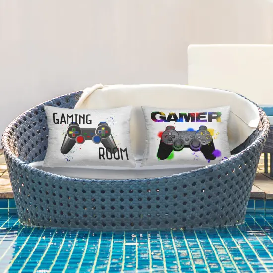 Stupell Industries Modern Gamer Graffiti Phrases 2pc Outdoor Printed Pillow Set design by Kim Allen, 14 x 7 x 20 {3}