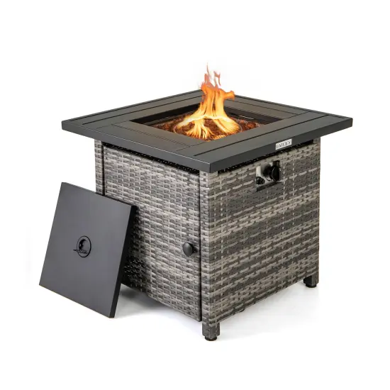 Grey Rattan Fire Pit Table with Lid &ndash; 50,000 BTU and Convertible {1}