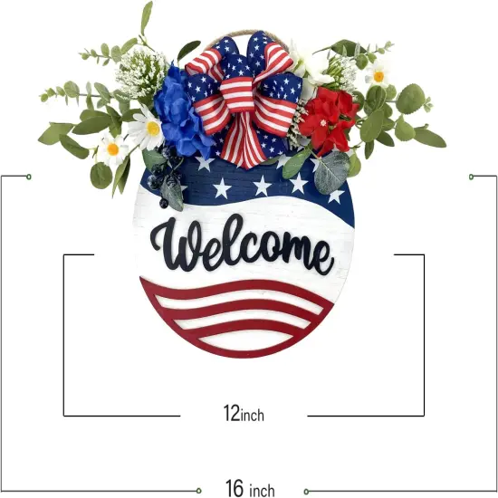 Welcome Sign Wreath 4th of July Wreath Patriotic Wreath for Front Door, 16" Red White and Blue Flower Wooden Sign Wreath for Memorial Day Independence Day Decoration {3}