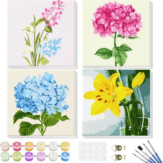 Paint by Number for Adults Beginners, 4 Pack DIY Adult Paint by Number Kits on Canvas Framed, Flowers Color by Numbers Acrylic Oil Painting Number Kits Crafts for Home Wall Decor 8x8inch {1}