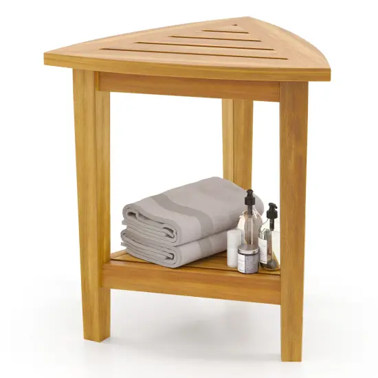 18 Inches Natural Wooden Waterproof Shower Stool with Storage Shelf and Slatted Design {4}