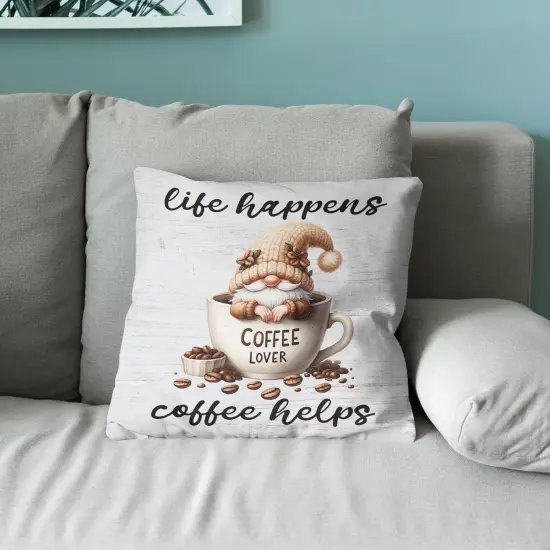 Coffee Gnomes Pillow Covers 18x18, Life Happens Coffee Helps Cute Sofa Decor Throw Pillow Covers for Kitchen Coffee Bar Coffee Station Office Room Decor, Gnome Sign Gnome Lovers Gifts {3}