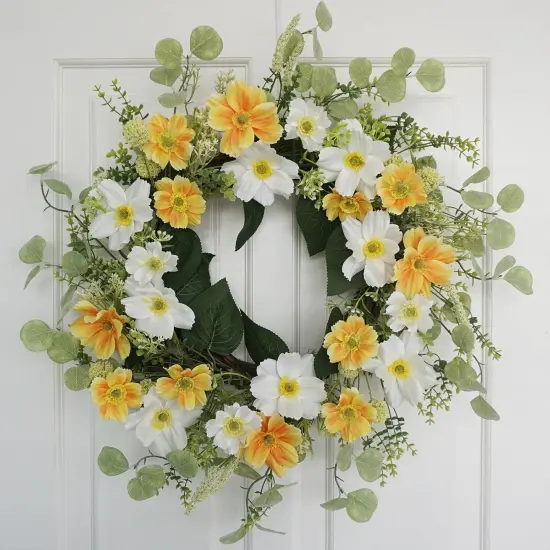 "Yellow Summer Floral Arrangement Wreath for Front Door, 20 Inch Artificial Wreath with Cosmos and Daisy Flowers, Tropical Wreath for Porch, Wall, and Window Home Decor" {1}