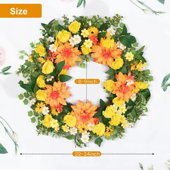 24 Inch Summer Floral Wreath for Front Door, Wreath with Dahlias and Daisies, Flower Home Wreath Decor for Outdoor and Indoor Farmhouse Decoration {3}