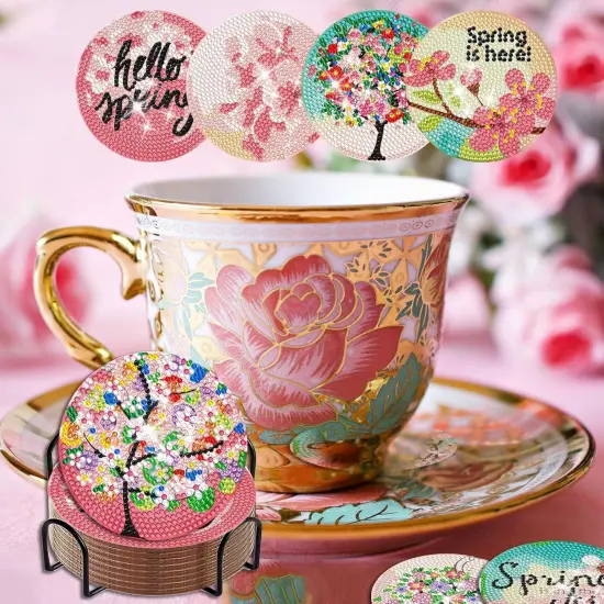 8 Pcs Spring Tree Diamond Art Coasters Kits with Holder DIY Spring Tree Diamond Art Coaster for Gifts Beginner Adults Kids Art Table Home Craft Gift Supplies {5}