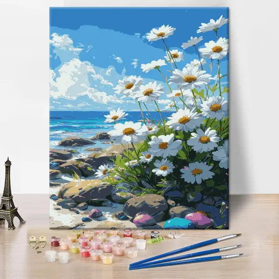 Beach Landscape Paint by Numbers, Daisy Flowers on The Beach Paint by Numbers Kit for Adults, Beach Rock DIY Canvas Oil Painting Paint by Number for Beginners Enthusiasts 16x20inch Frameless {1}